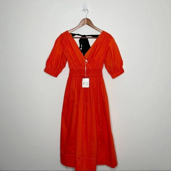 Self-Portrait Dresses & Skirts - Self-Portrait Orange Red Shirred Cotton Poplin Midi Dress